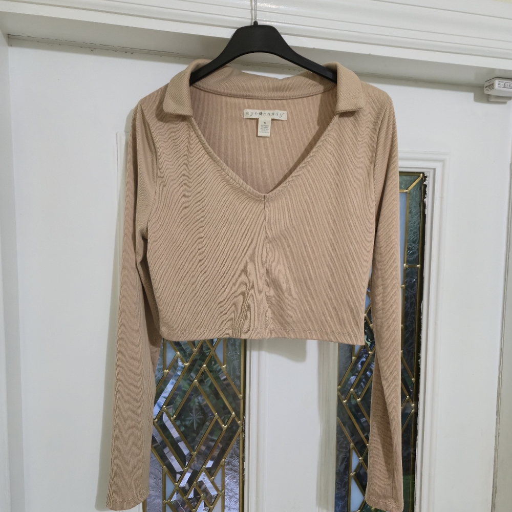 Eye Candy Beige Long Sleeve Crop Top